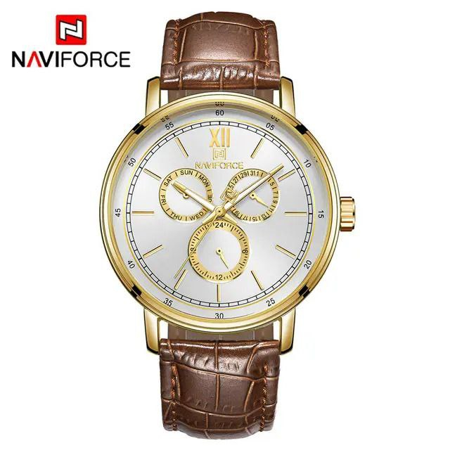 JAM TANGAN PRIA NAV1FORCE ORIGINAL WATERESIST TALI KULIT D4,5CM FREE INCLUDE BOX & BATERAI CADANGAN