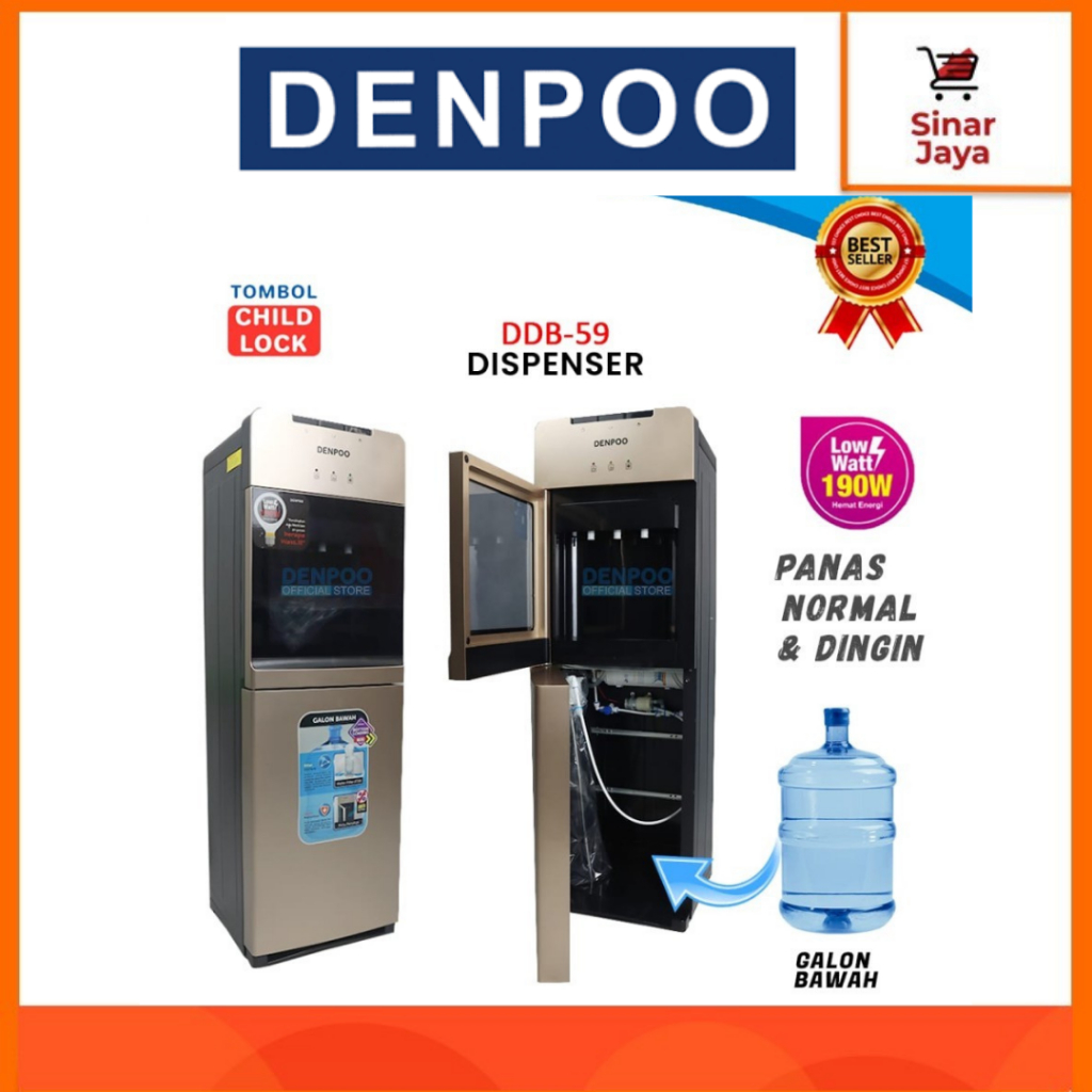 DENPOO DDB-59 Dispenser Aquazone Filter Galon Bawah 3 Kran Hot, Cold, Normal / Kompresor (Dingin Es)