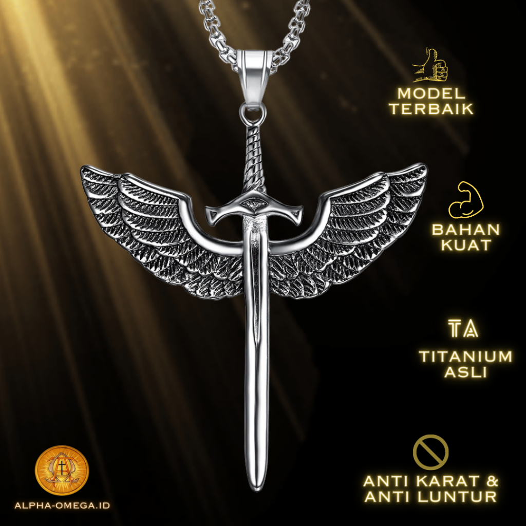 ALPHA OMEGA - Kalung Salib Pria Keren Titanium Liontin Sayap dan Pedang