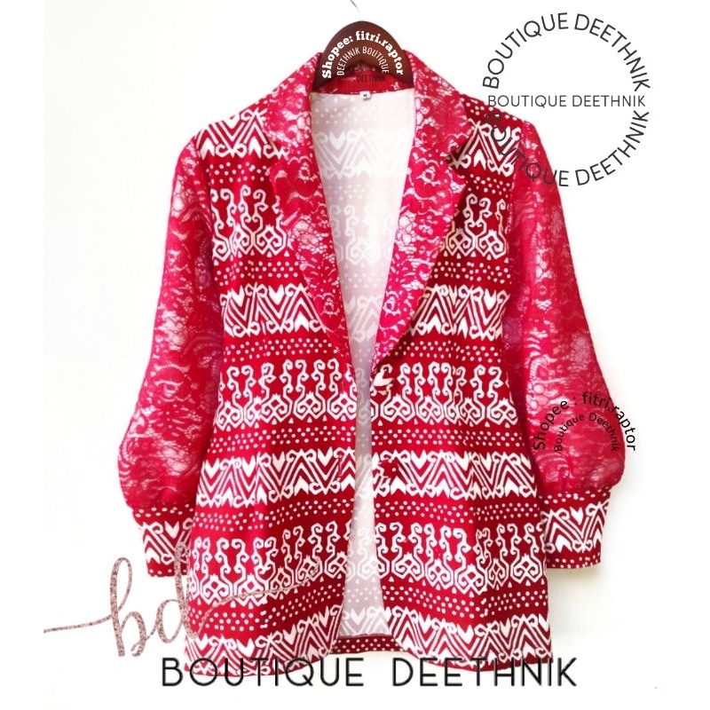 Baju batik model blazer lengan brokat balon warna merah cabe batik merah putih