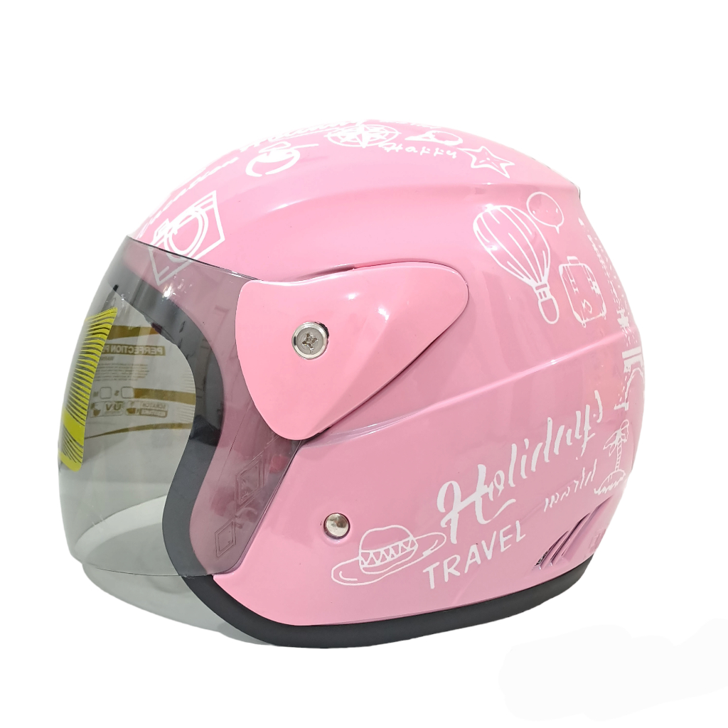 HELM EVOLUTION MURAH HALF FACE MODEL GM EVO MOTIF TRAVELING PINK PASTEL UNTUK PRIA DAN WANITA DEWASA