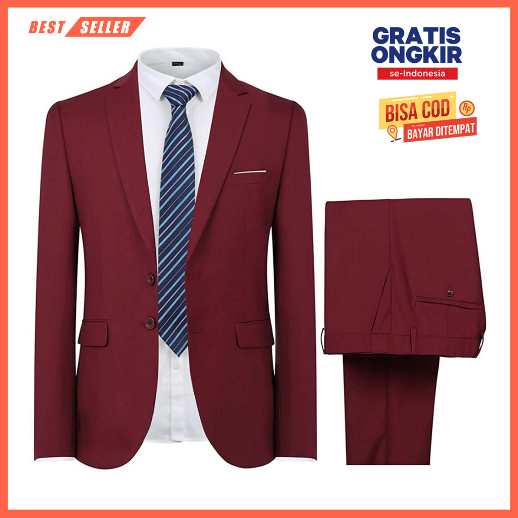 PROMO SETELAN JAS BLAZER PRIA SLIM FIT FORMAL CASUAL MODERN INCLUDE CELANA BAHAN WARNA MAROON 2IN1 /