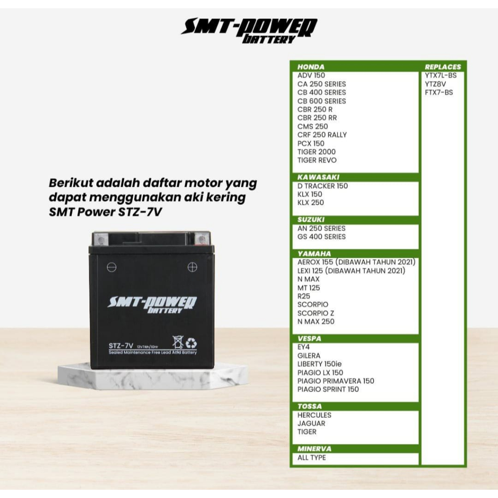 Aki Motor SMT Power 12V 7AH STZ 7V Baterai Motor Aki Kering Accu Motor 12V 7AH SMT POWER STZ 7V