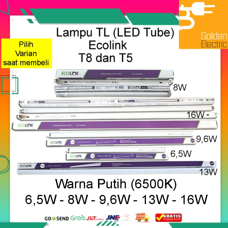 Lampu TL LED Tube Ecolink T8 T5 8W 16W 6,5W 9,6W 13W Putih, Kuning