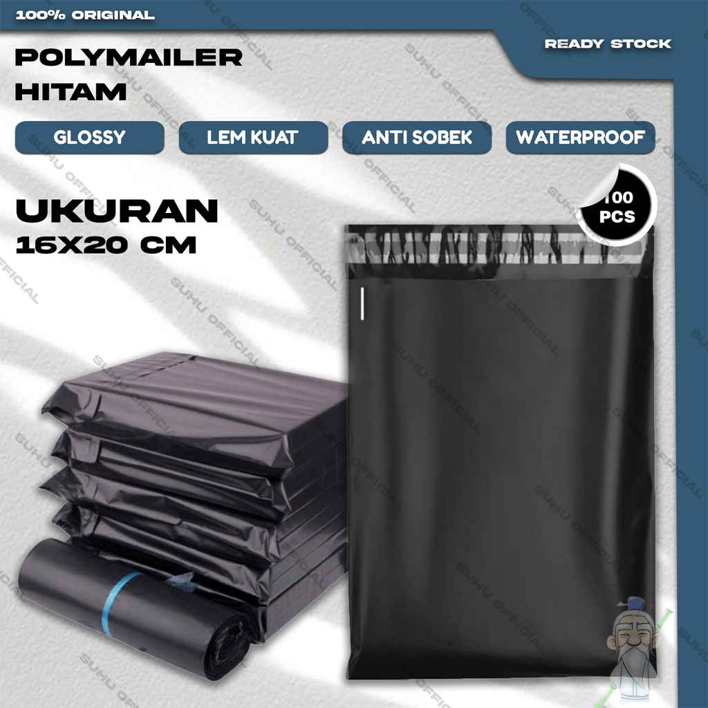 Plastik Packing Baju Kantong POLYMAILER Olshop isi 100 Lembar Hitam Ukuran 16X20