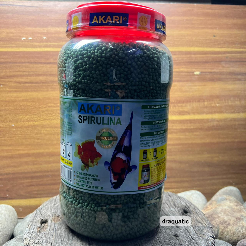 Akari spirulina 1 kg size 5 mm 2 mm toples pakan koi