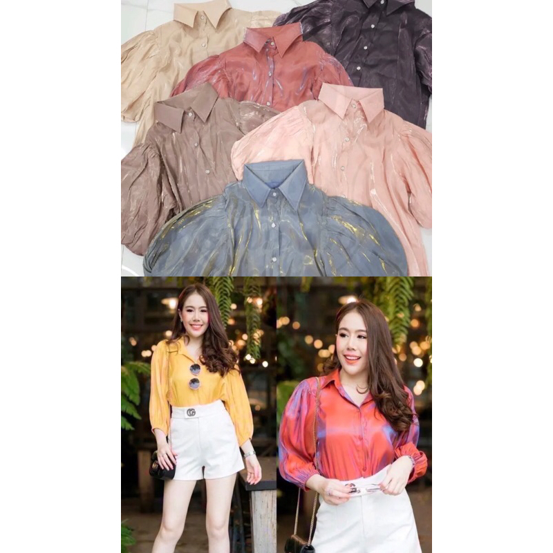 kemeja top SHIMMERY MENGKILAP puffy lengan balon