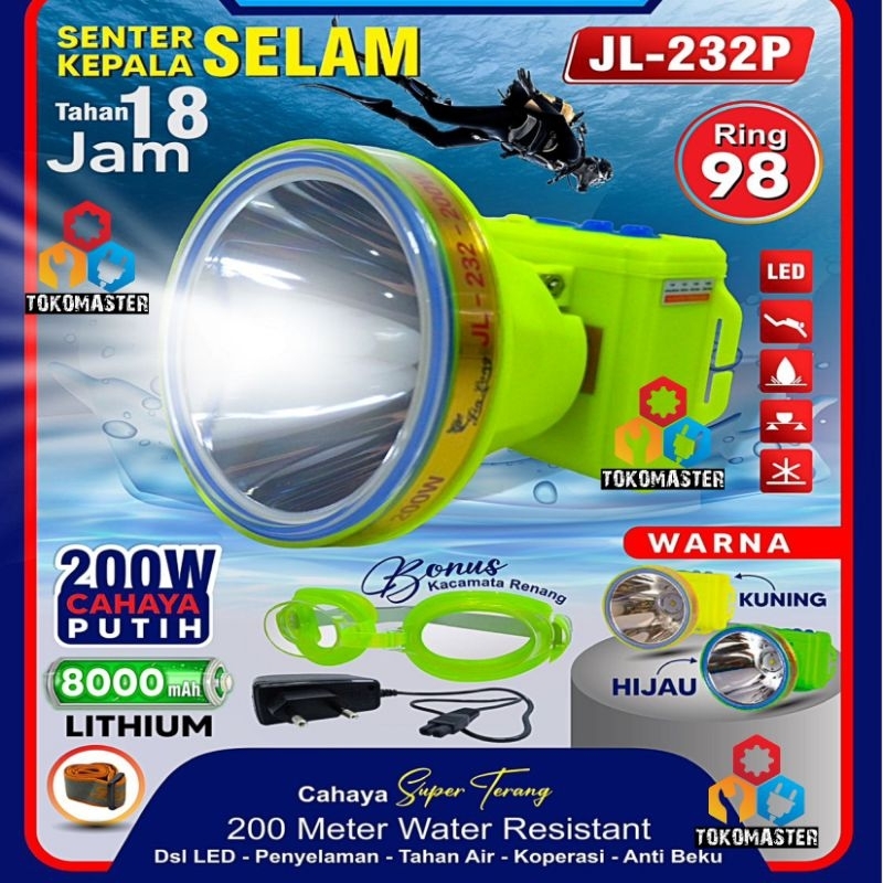 200WATT SENTER KEPALA SELAM Headlamp Diving Snorkeling Anti Air 200W Menyelam Renang JL232 232 JL132