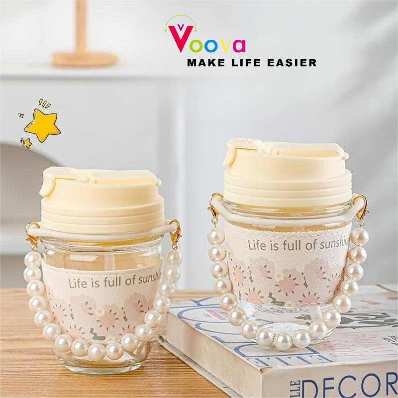 VOOVA Tumbler kopi glass aesthetic / Botol Minum Kaca Aesthetic / Tumbler Minum Sedotan Tali Mutiara