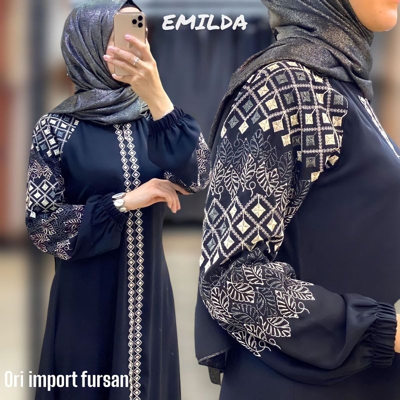 ABAYA EMILDA ORI BORDIR UJUNG LENGAN KARET MODEL MAYUNG KLOK UMBRELA ALKHATIB COLLECTION DEWASA S M 