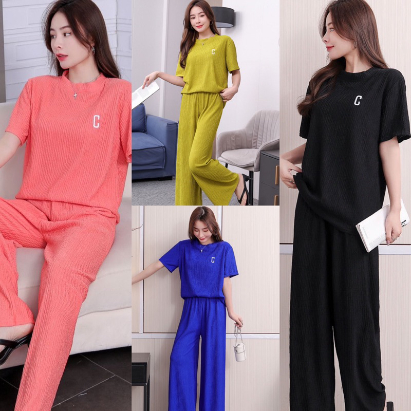 one set baju polos celana panjang kulot / setelan piyama baju santai