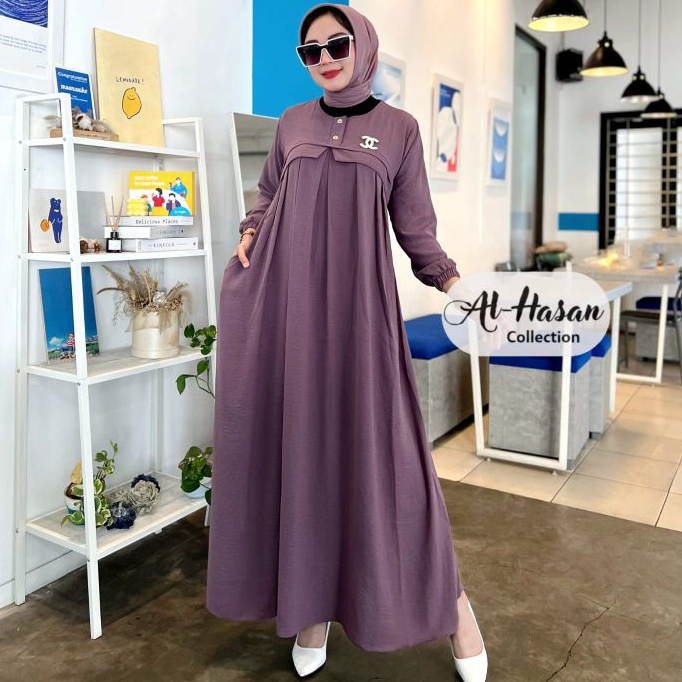 Gamis polos wanita kekinian crinkle super cantik elegan murah meriah delina dress Al Hasan collectio