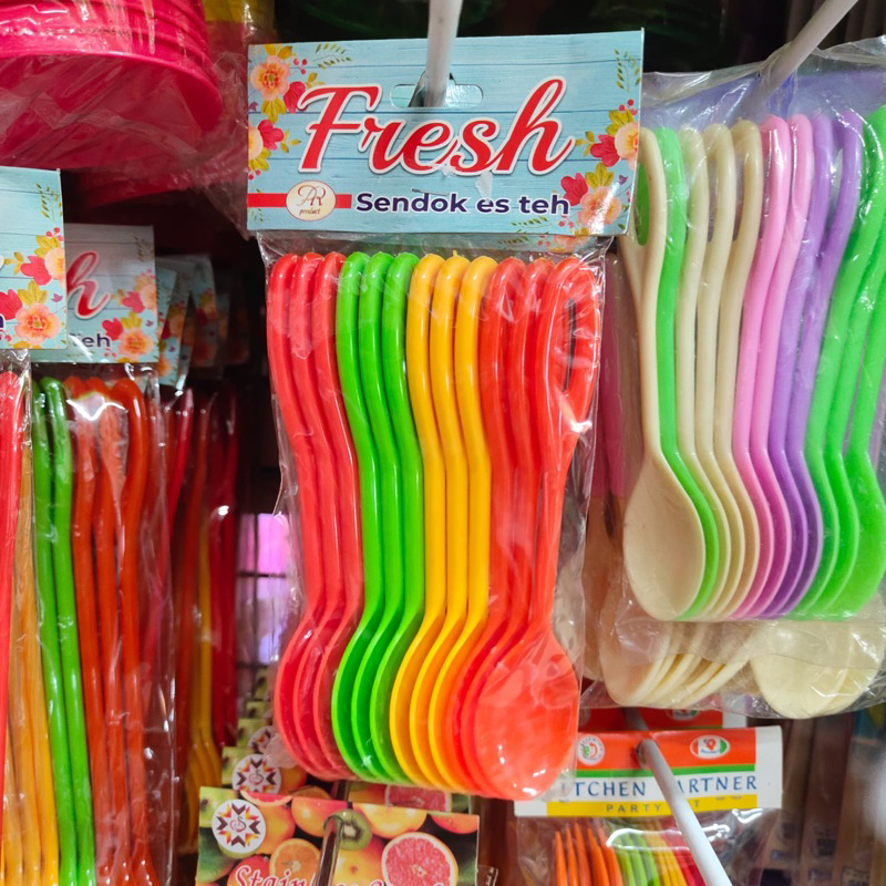 Sendok teh plastik pendek warna warni 12 pcs