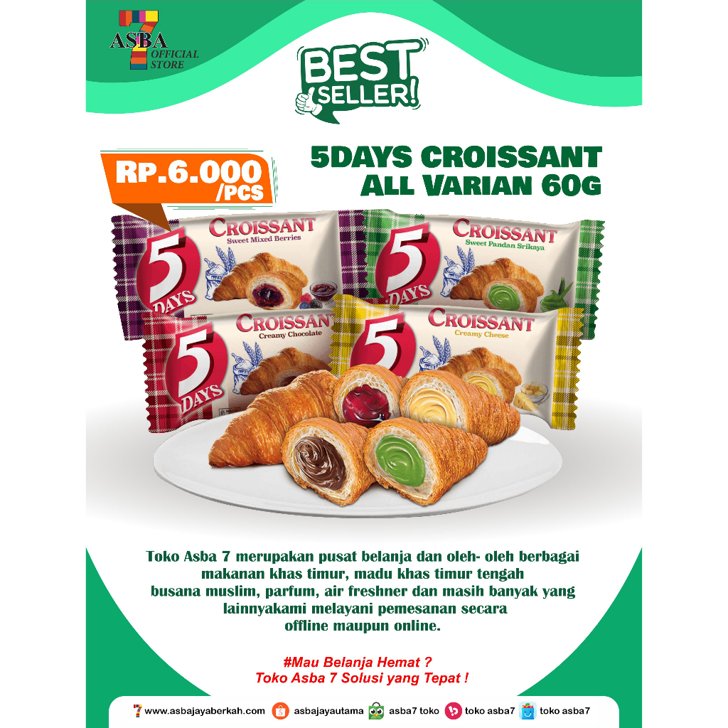 

5Days Croissant Coklat, Cheese, Pandan Srikaya, Mixed Berries 60g