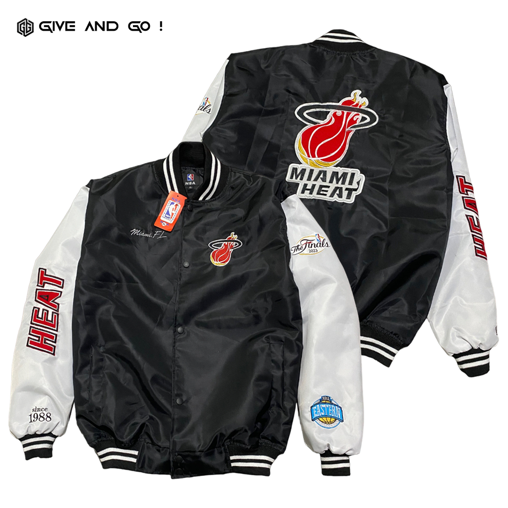 Junascloth Miami Heat Jacket Varsity Vintage NBA Hitam Putih Pria Wanita