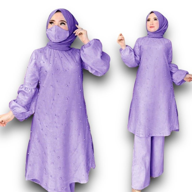 SETELAN SYELA/MOSCREPE TILE MUTIARA/ CELANA TUNIK/ SETELAN CELANA BRUKAT TILE/ FASHION WANITA