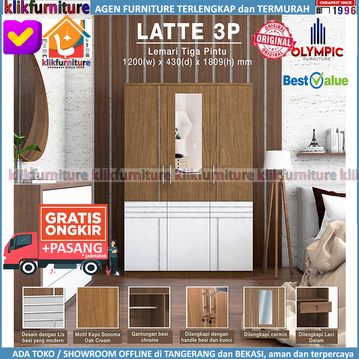 Lemari Pakaian LATTE Olympic 3 Pintu Cermin