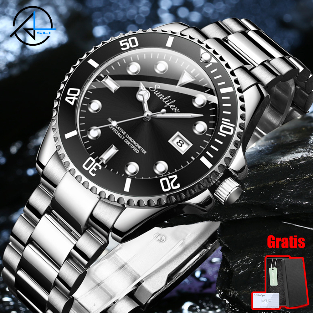 Sunlifex Jam Tangan Pria Display Kuarsa Anti Air Kalender Tali Stainless Steel Jam Tangan Cowok 9001