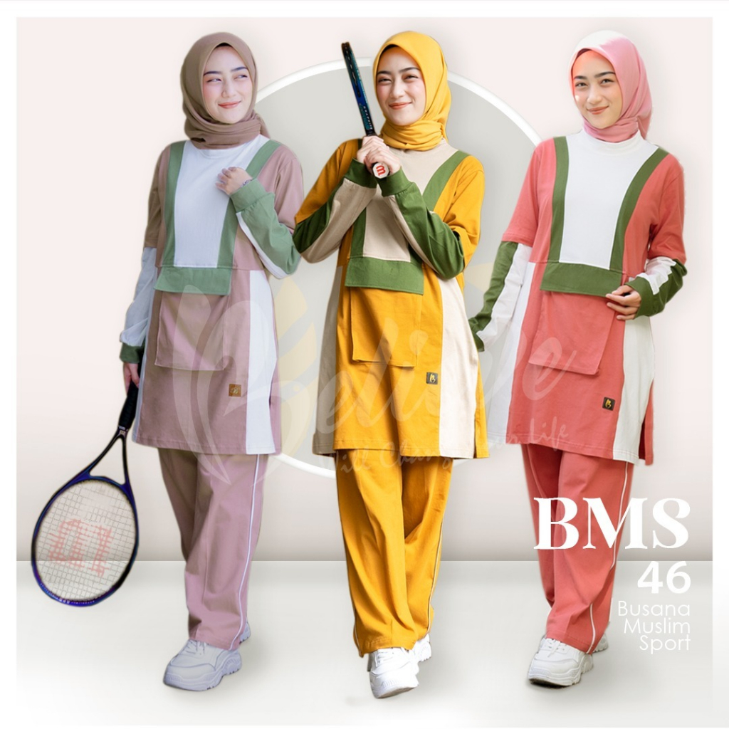 Set Pakaian Olahraga Senam Fashion Muslim Wanita BMS 46 Setelan Olahraga Wanita Muslimah Polos denga
