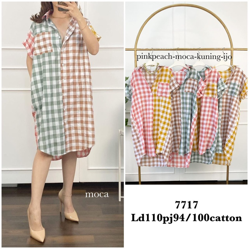 7717 termurah Dres katun kotak dres midi kotak kotak