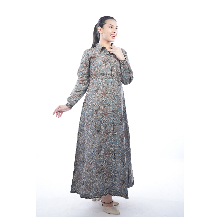 BATIK TRUSMI Dress Batik Wanita Gamis Batik Motif Bangau Abu
