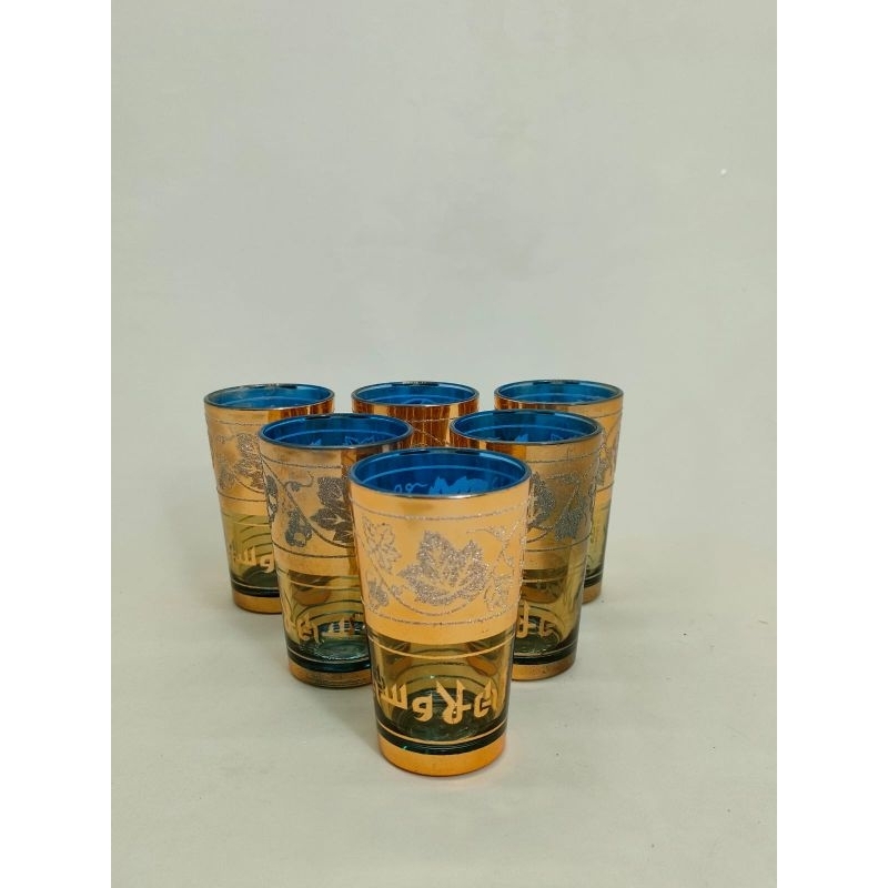 Gelas Kaca Biru Dengan Hiasan Emas Set 6 pcs / Gelas Minum / Gelas Kaca / Alat Minum