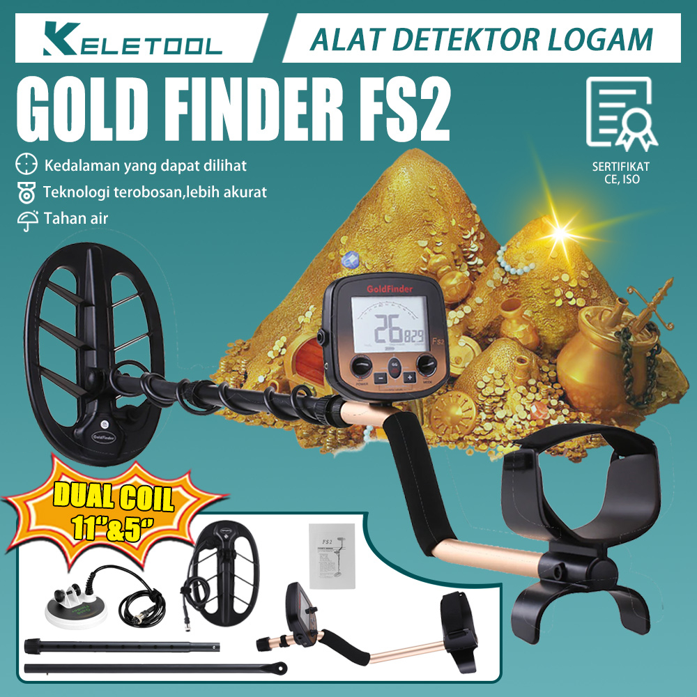 GOLD FINDER FS2 dual coil 5"&11" Detektor emas logam Metal detector Pendeteksi pengecek emas harta k