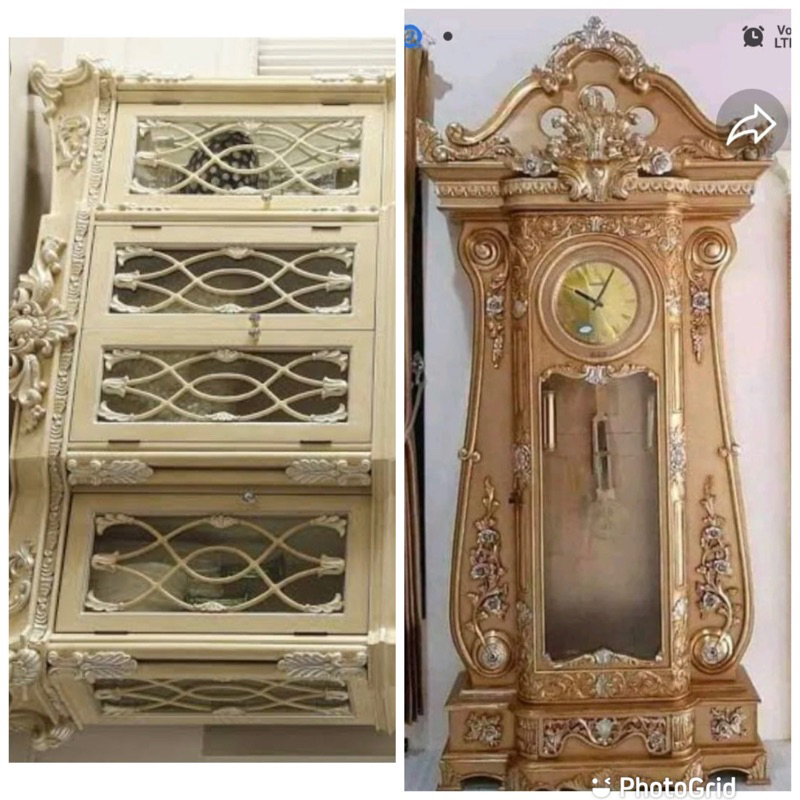 Bufet jati kaca dan jam hias