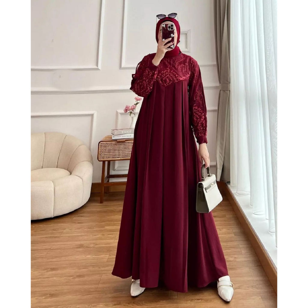 Agnia Maxi Gamis Brukat Termewah Ceruty Babydoll Full Puring Jumbo 3XL 4XL Terbaru 2025 Dress Brokat