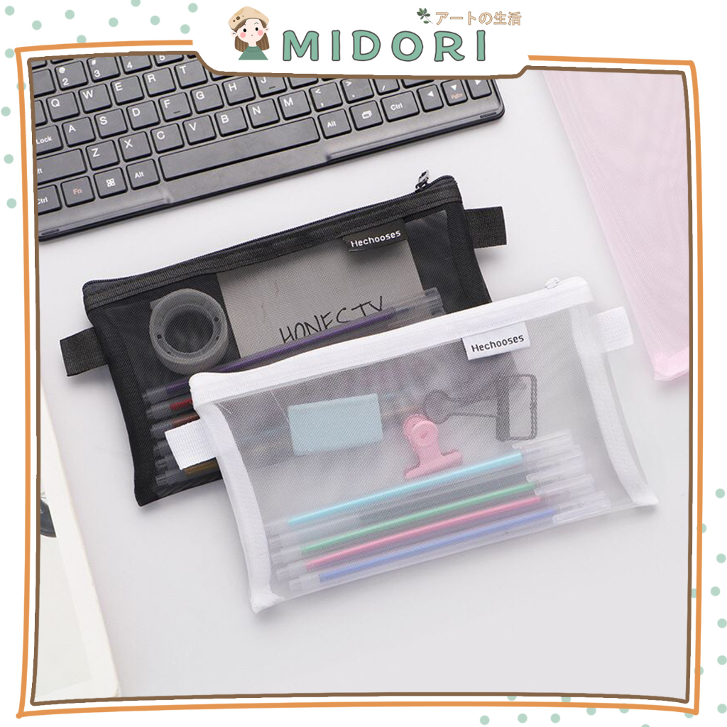 

[MIDORI] Kotak Pensil HE CHOOSES SIMPLE Pouch Transparant Portabel Tempat Pensil Jaring Resleting Stationery - F0210