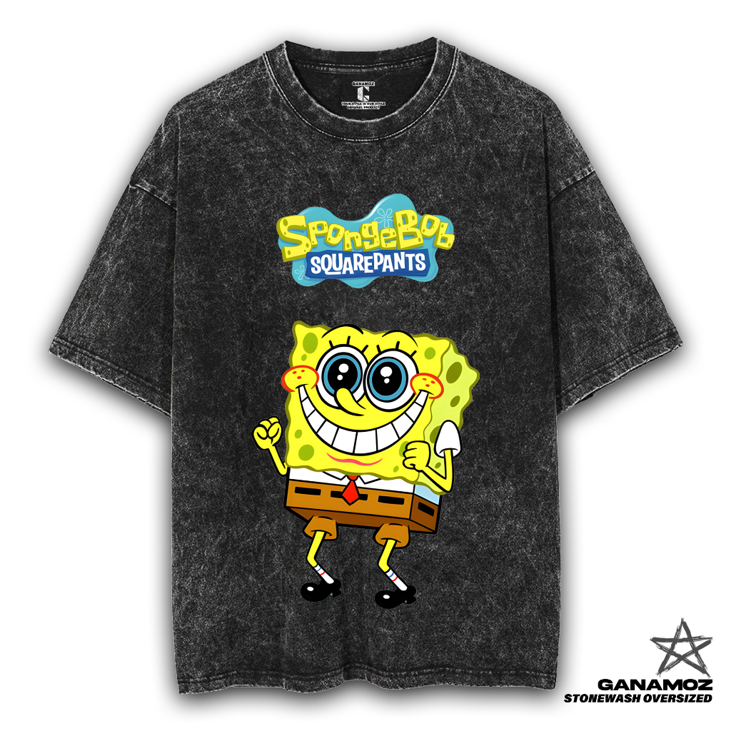 GANAMOZ Kaos Kartun Spongebob SMILEY Stone Wash Oversize T-shirt | Kaos Oversize Wanita | Kaos Overs