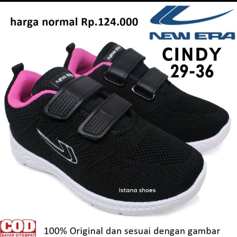 NEW ERA Sepatu Sekolah Anak Perempuan Kecil Tanggung Sd Tk Paud Perekat Tempel Tanpa Tali Hitam Putih Pink Original 29 sd 32