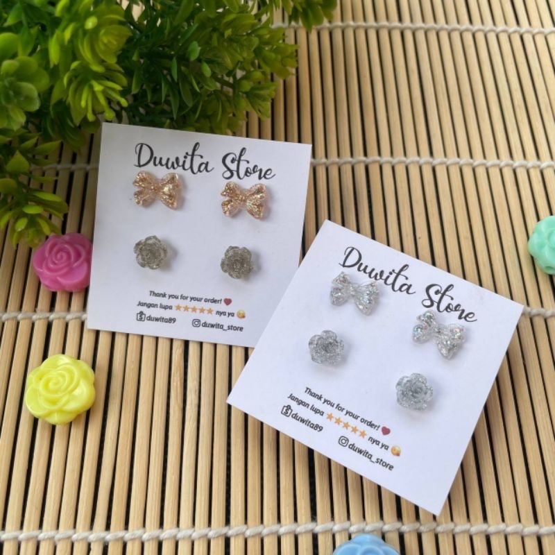 HANDMADE ANTING TUSUK PLASTIK ANAK/DEWASA MOTIF PITA MAWAR GOLD/SILVER (BUNDLE)