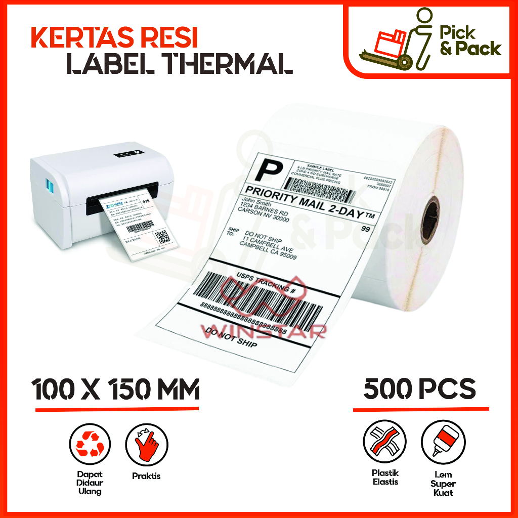 LABEL STICKER THERMAL 100 X 150 isi 500 pcs / BARCODE 100X150 UKURAN A6 / Kertas Resi / Kertas Resi Thermal / Kertas resi thermal 100 x 150 isi 500 pcs / resi thermal winstar