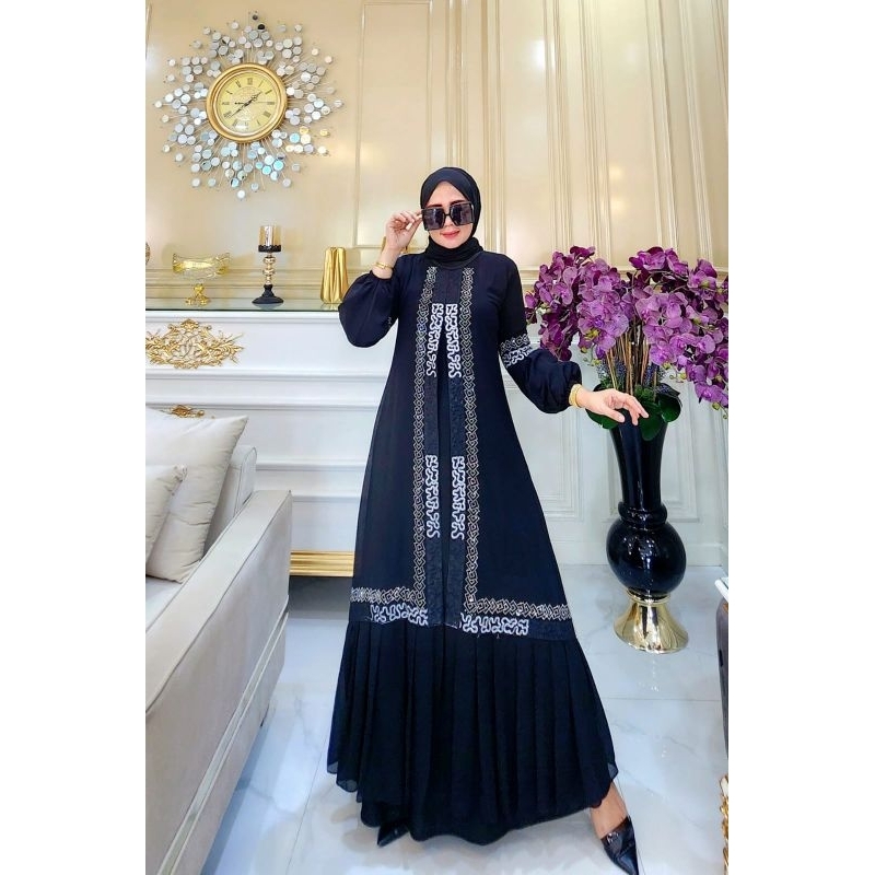 Gamis Abaya Turkey Hitam Sosialita Lengan Balon