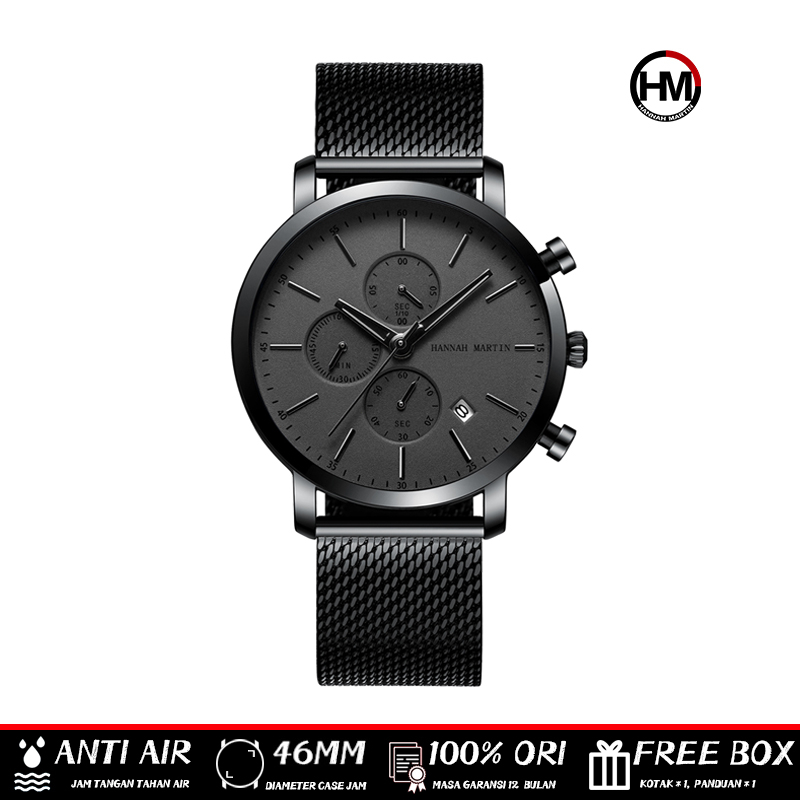 HANNAH MARTIN Jam Tangan Pria 100% Original Kronograf Quartz Tahan air COWOK Analog Laki 109W