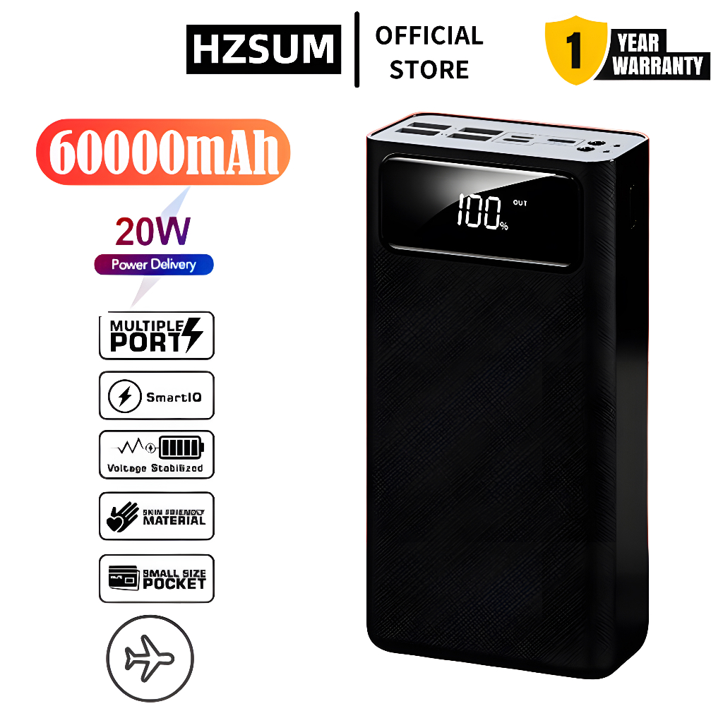 HZSUM 60000mAh PowerBank 4 USB Fast Charging LED Digital Display
