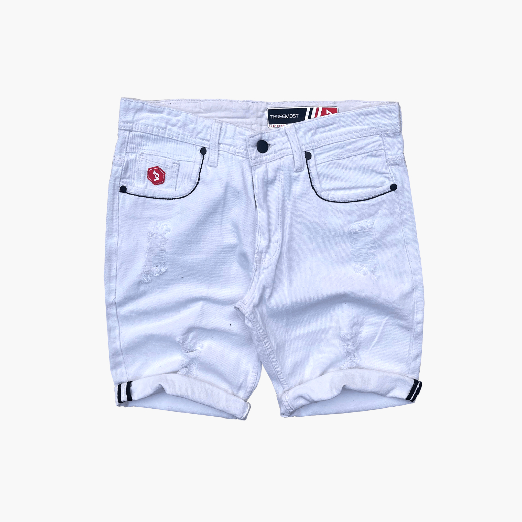 BEST SELLER THREEMOST - CELANA JEANS PENDEK RIPPED SOBEK PRIA KOREAN STYLE PUTIH / HITAM ORIGINAL