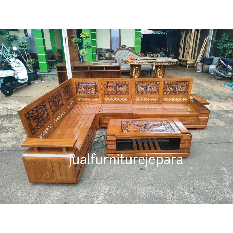 kursi tamu sudut domini kayu jati asli, kursi sofa tamu minimalis kayu jati asli