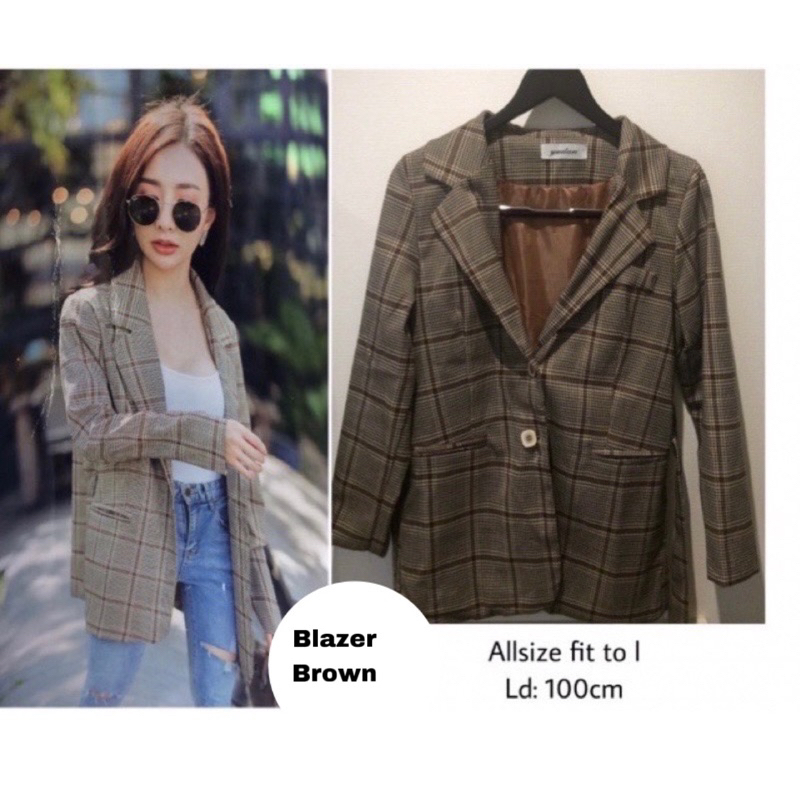 Blazer Kotak Kotak Brown Fashion Yudan