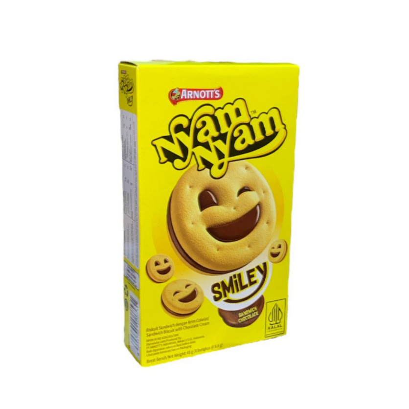 

BARU Nyam Nyam Smiley Sandwich Chocolate 45gr Biskuit isi Coklat bentuk Smiley Nyamnyam