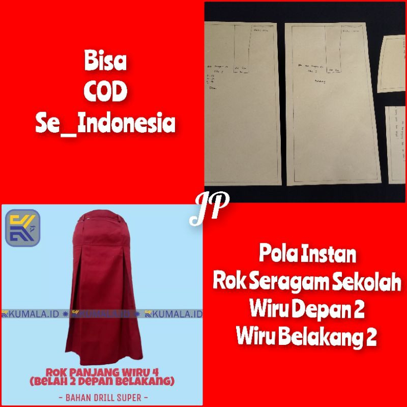 Pola Instan Rok Seragam Wiru 4 SD, Depan 2 Belakang 2