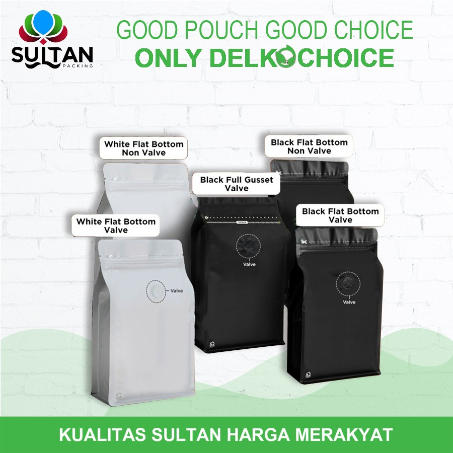 STANDING POUCH FLAT BOTTOM KEMASAN KOPI NON VALVE + VALVE