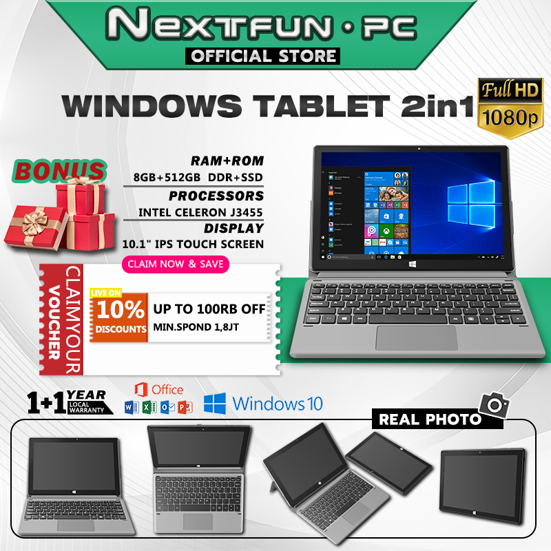[Baru dan Asli]  Tablet Windows Touchscreen Laptop 2 in 1 RAM 8GB+512GB SSD Intel 2.3GHz Quad-Core 10.1 Inch 1920*1200 Layar Sentuh Slim Smart PC Tablet instal OS Windows 10 Pro