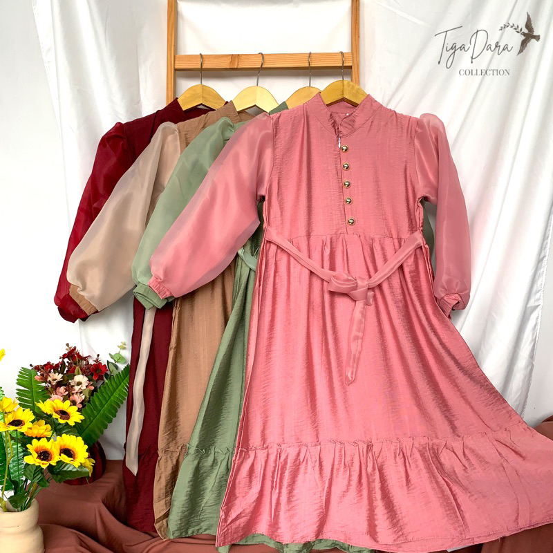 Gamis Polo Linen Organza Lengan Balon / Baju Muslim Lebaran Anak Perempuan / Gamis Anak Usia Tanggun