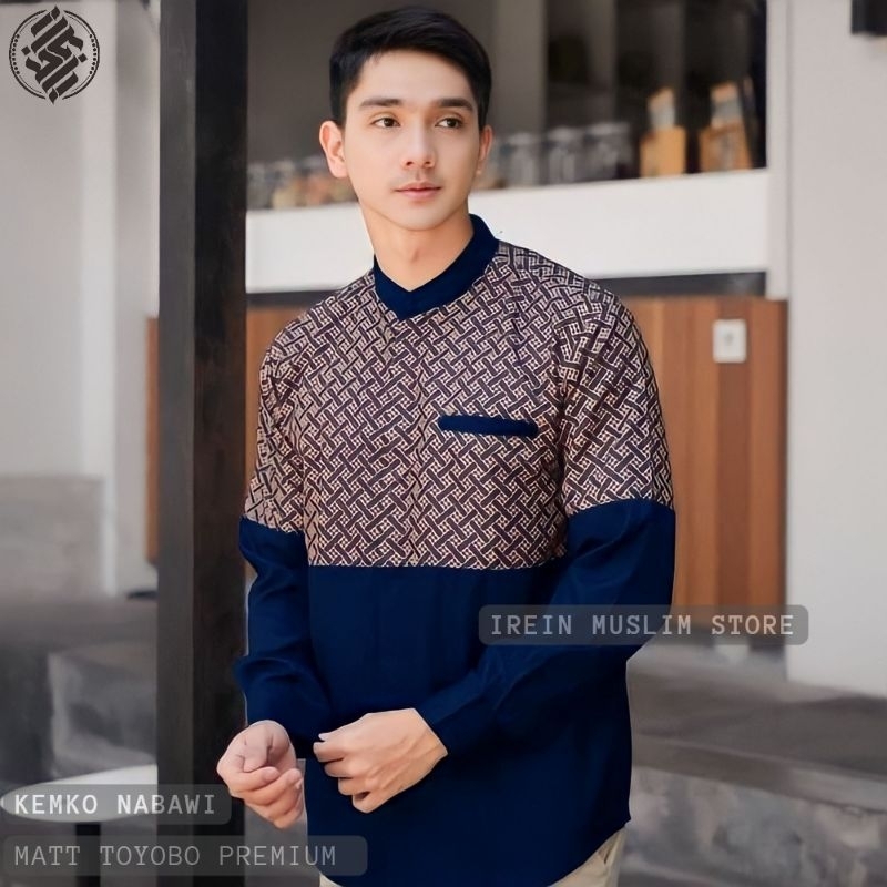 Baju Kemeja Koko Pria Lengan Panjang Kombinasi Batik Koko Nabawi