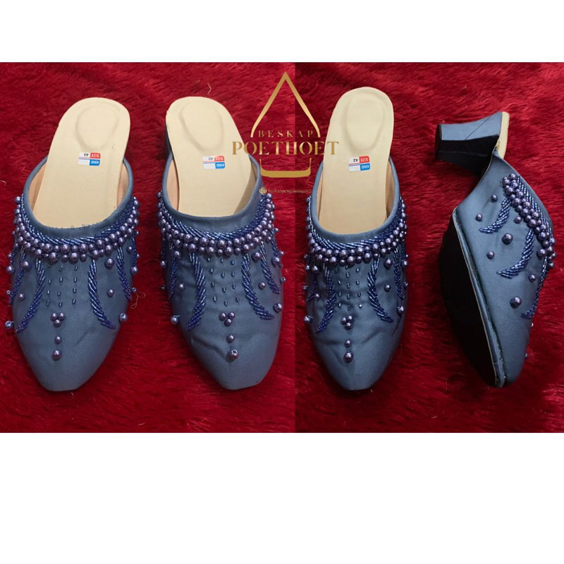 selop pengantin Jawa wedding shoes bak sedang tahu 5cm payet biru blue denim premium couple pria dan