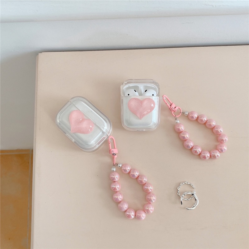 Transparan Pink Heart with Pink Pearl Chain Softcase for Airpods 1 2 Pro 3 Case Airpods Inpods TWS Lucu