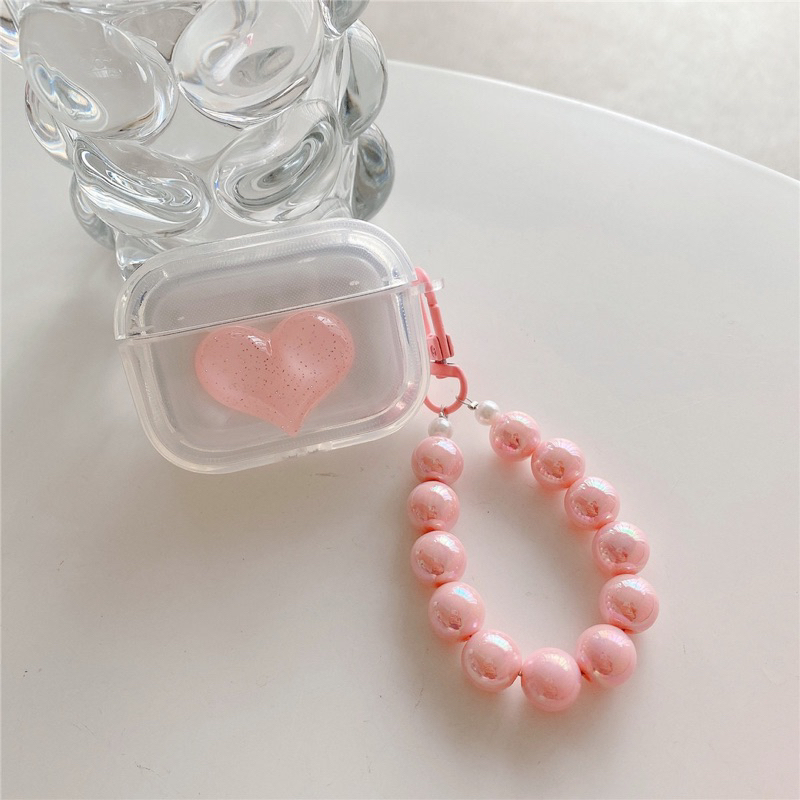 Transparan Pink Heart with Pink Pearl Chain Softcase for Airpods 1 2 Pro 3 Case Airpods Inpods TWS Lucu