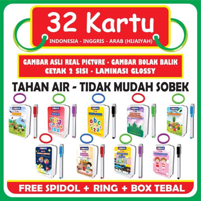 Flash Card WIPE and CLEAN ( bonus RING + SPIDOL + BOX SERBAGUNA ) Flashcard Mainan Edukasi Kartu Pintar Anak